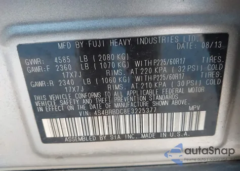 2014 Subaru Outback 2.5I Premium из США, поврежденный, VIN 4S4BRBDC8E3225377